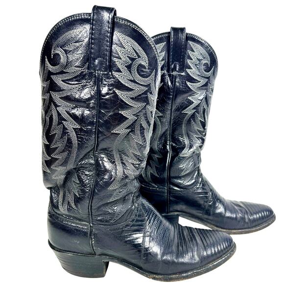 Dan Post 1992 Exotic Lizard Skin Black Boots Detail Stitching Size 9D USA-Nice - Picture 1 of 13